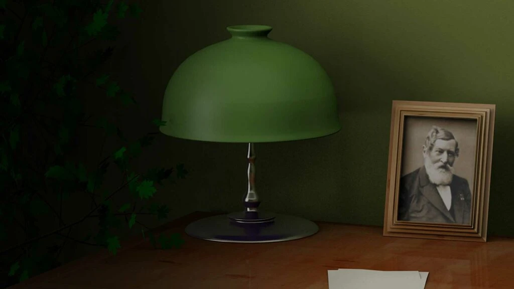 Green lamp with photo of a man on a table