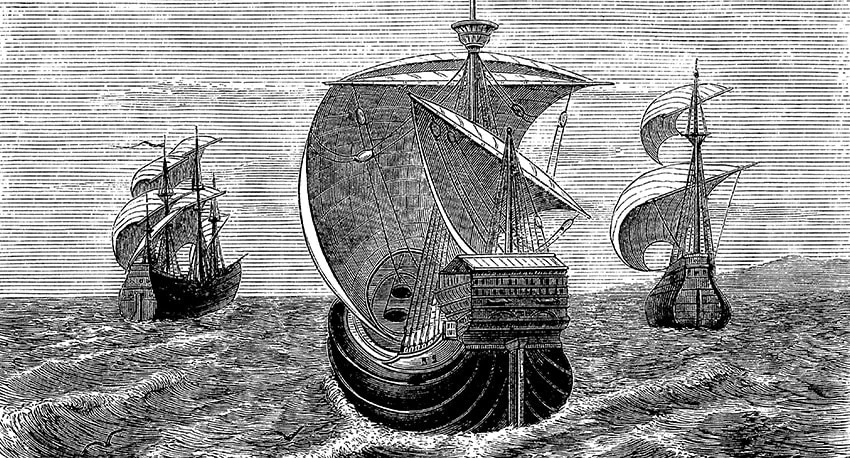 Drawing of old warships in the ocean